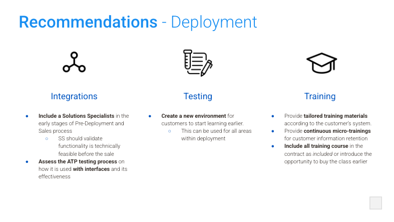 Slide showing deployment recommendations organized into actionable themes