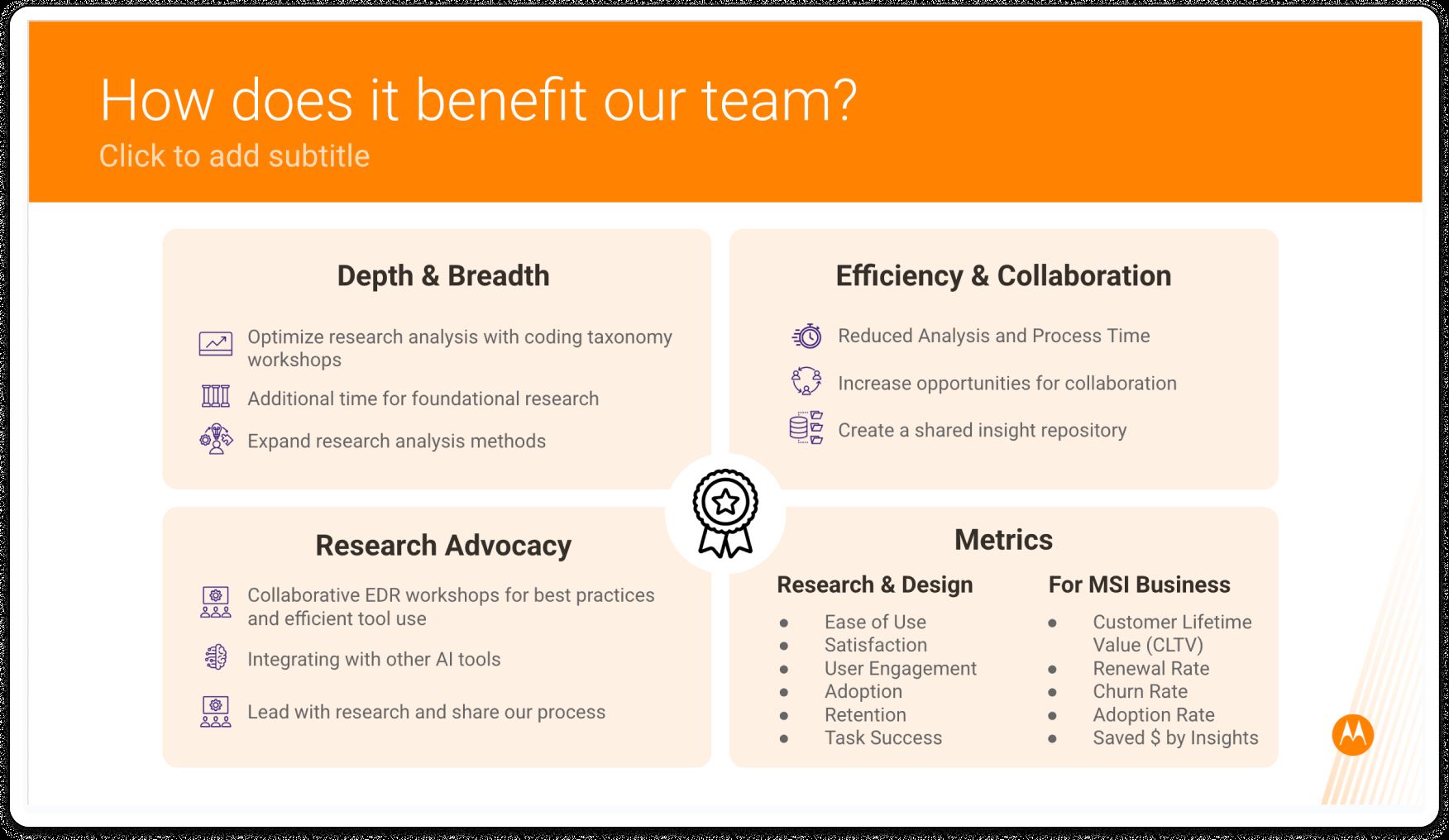 Slide outlining benefits of the Dovetail rollout across depth and breadth, efficiency and collaboration, research advocacy, and metrics