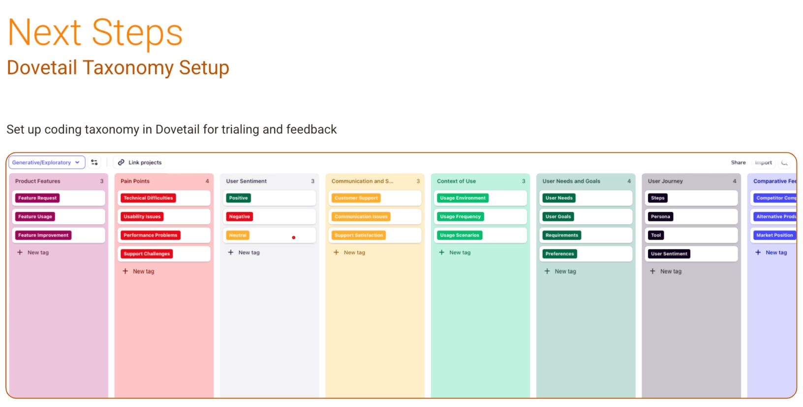 Dovetail taxonomy setup showing categories for product features, pain points, sentiment, support, context of use, goals, journey, and comparative findings