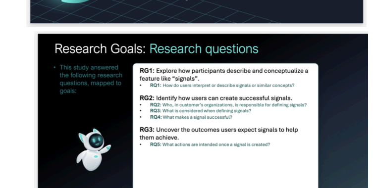 Slide snippet showing the research goals and questions for the signal configuration study